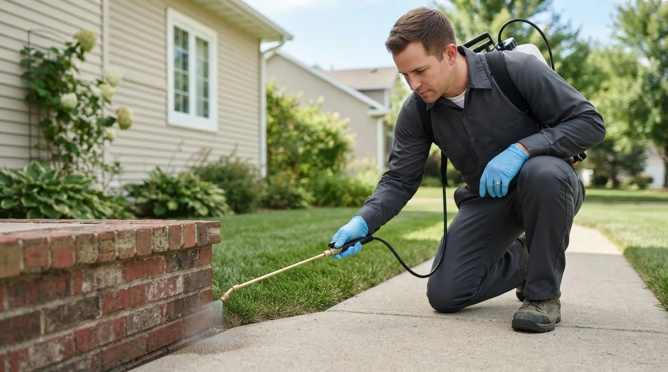 Pest control technician treating a home near Irondale, OH