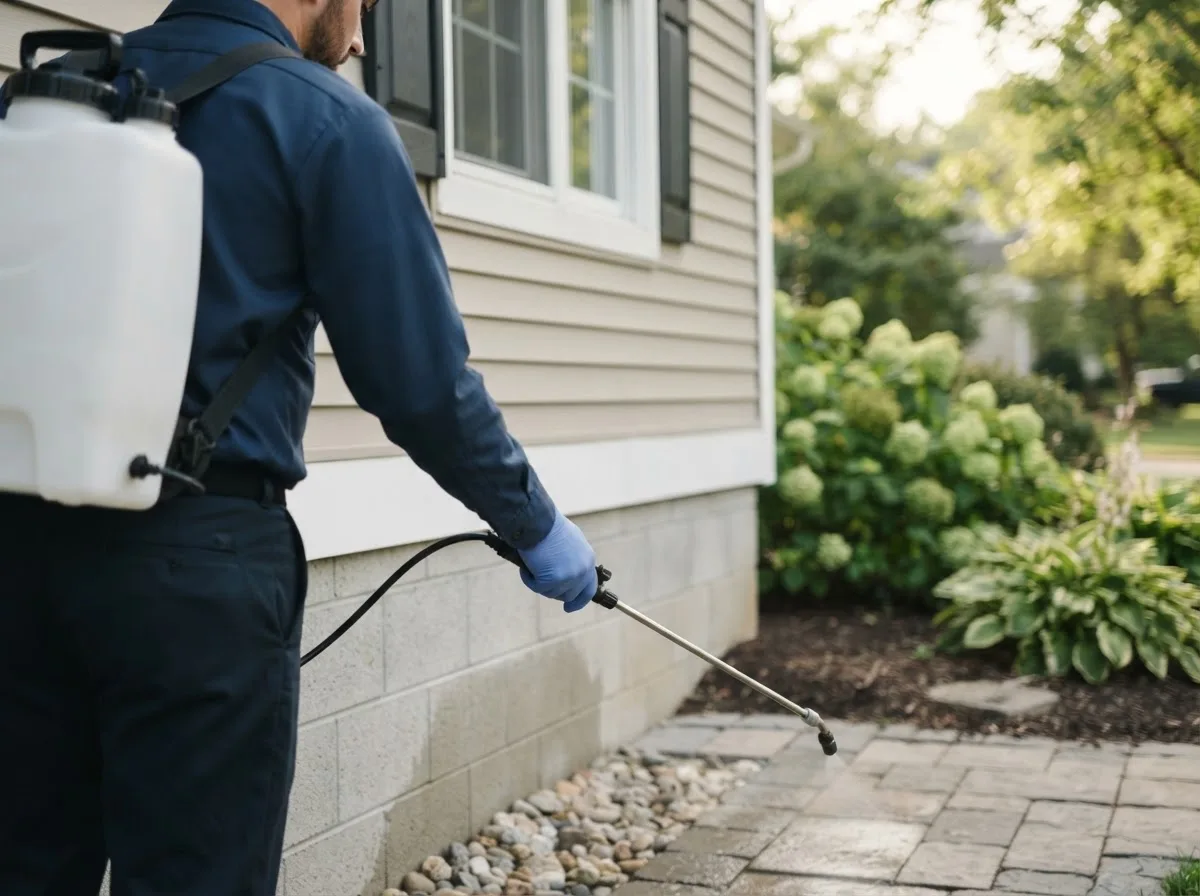 Pest control technician inspecting a home in Irondale, OH